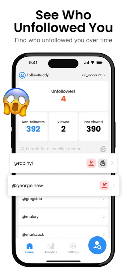FollowBuddy home screen showing unfollowers